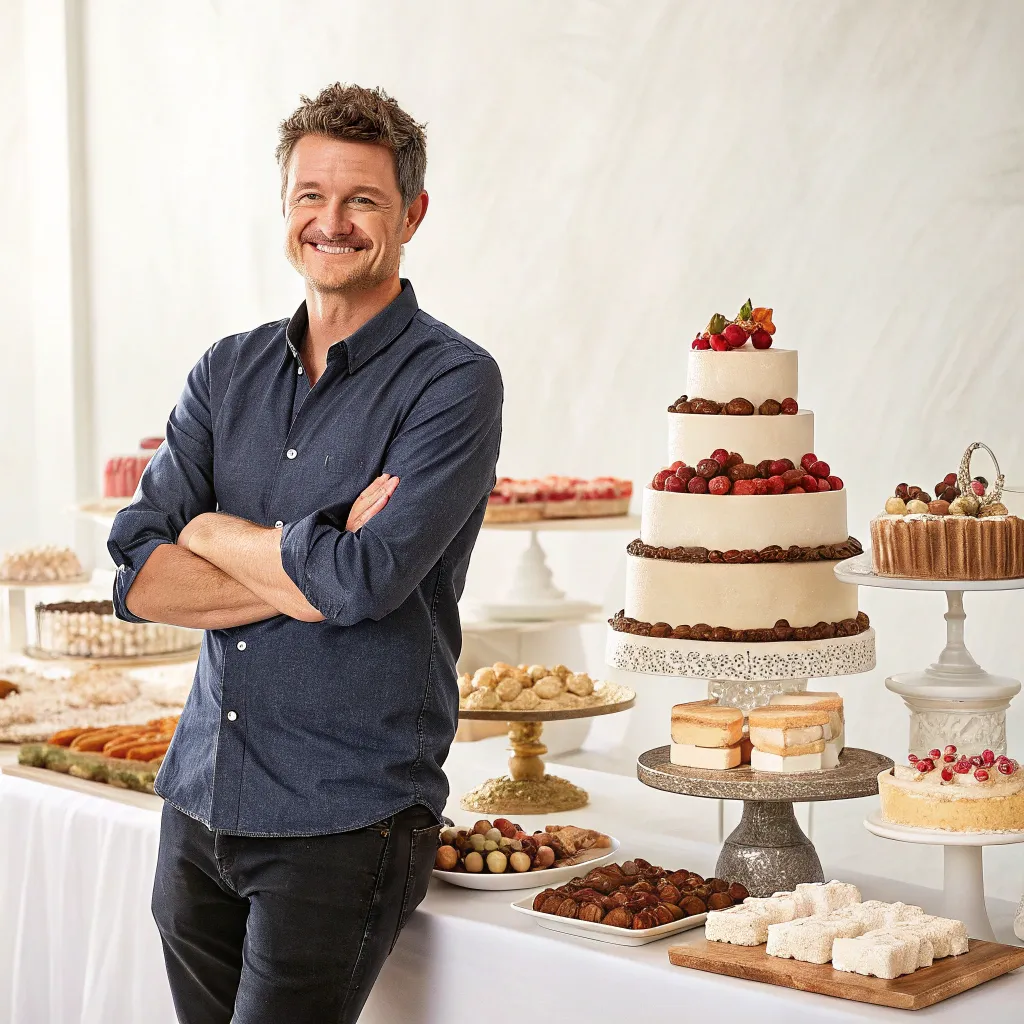 Michael Jones with a background of desserts